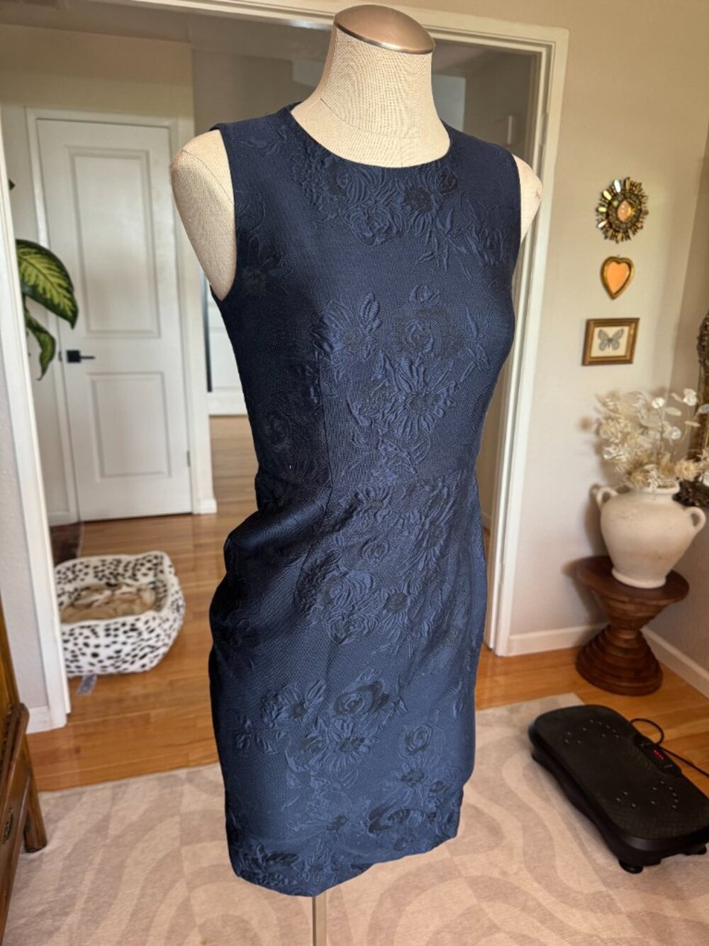 MaxMara Navy Embossed Floral Midi Dress